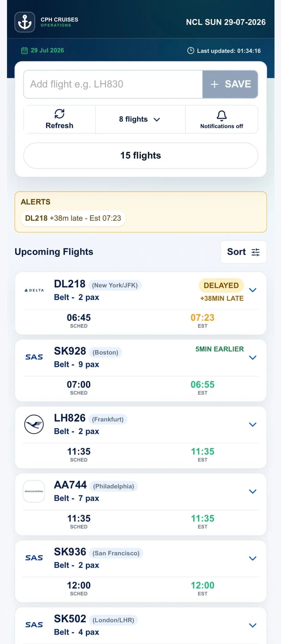 Live NCL operation dashboard showing flight arrivals and delays