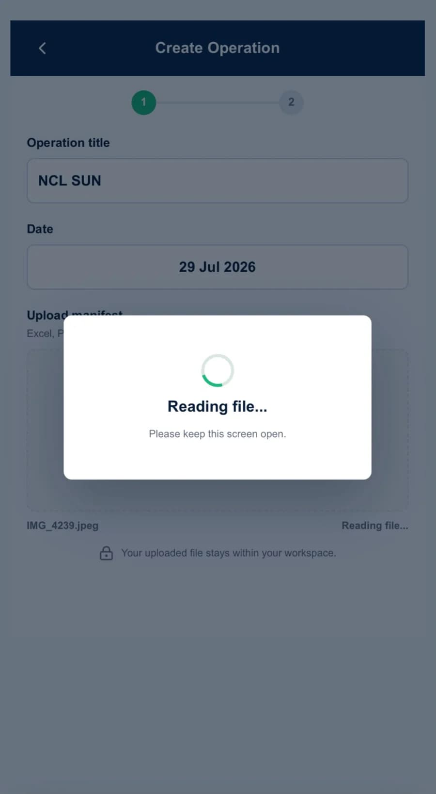 Create Operation screen reading and analysing an uploaded cruise manifest