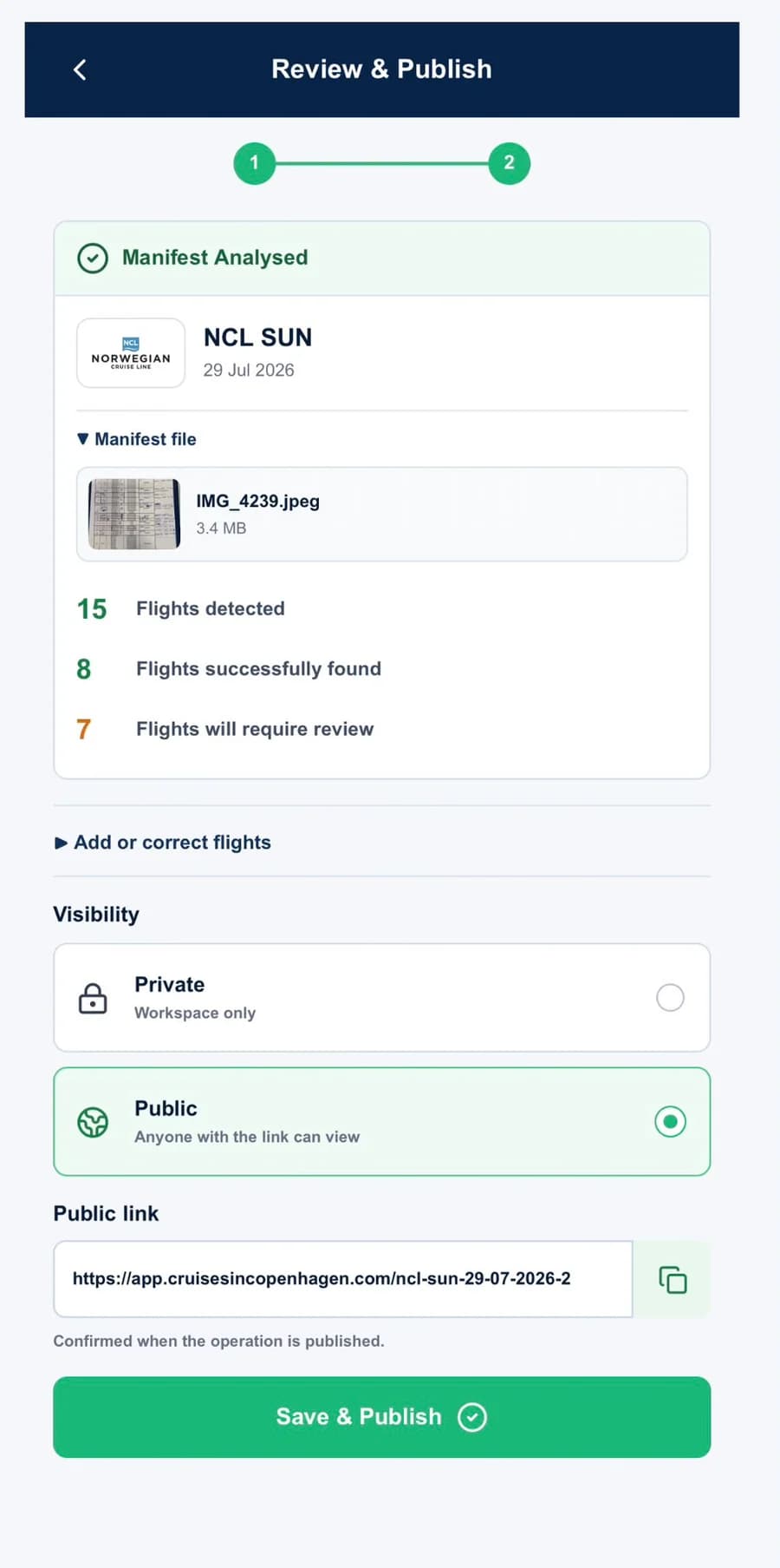 Review and Publish screen showing detected, matched and review flights